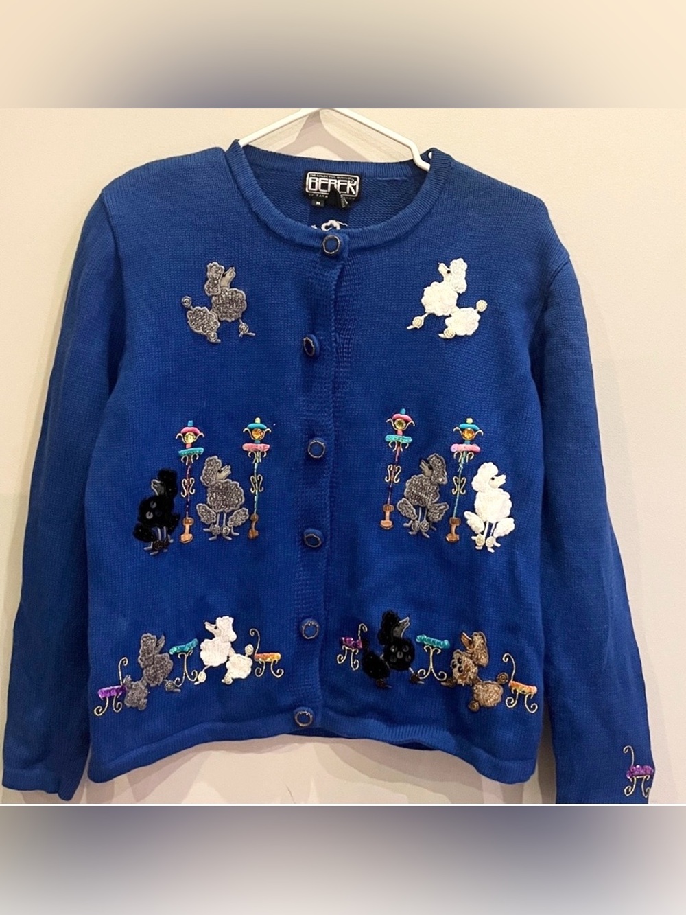 Berek by Takako Sakon royal blue cardigan VTG embroidered poodles dogs